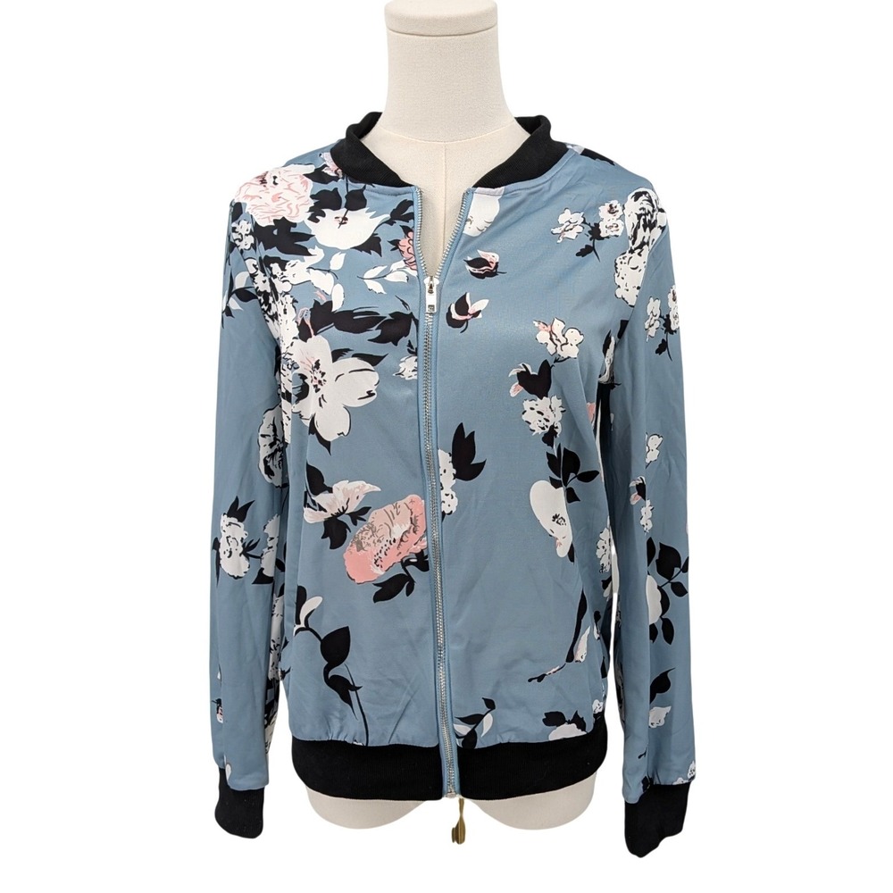 New With Tags Trendy Floral Bomber Jacket - Blue/Pink Women’s Small